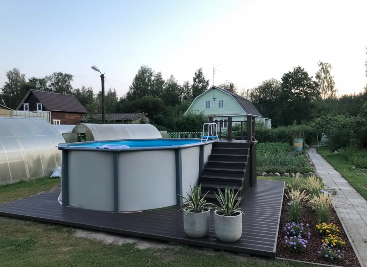 Терраса из ДПК с мульчированными клумбами, декоративными злаками и почвопокровными растениями вдоль дорожки